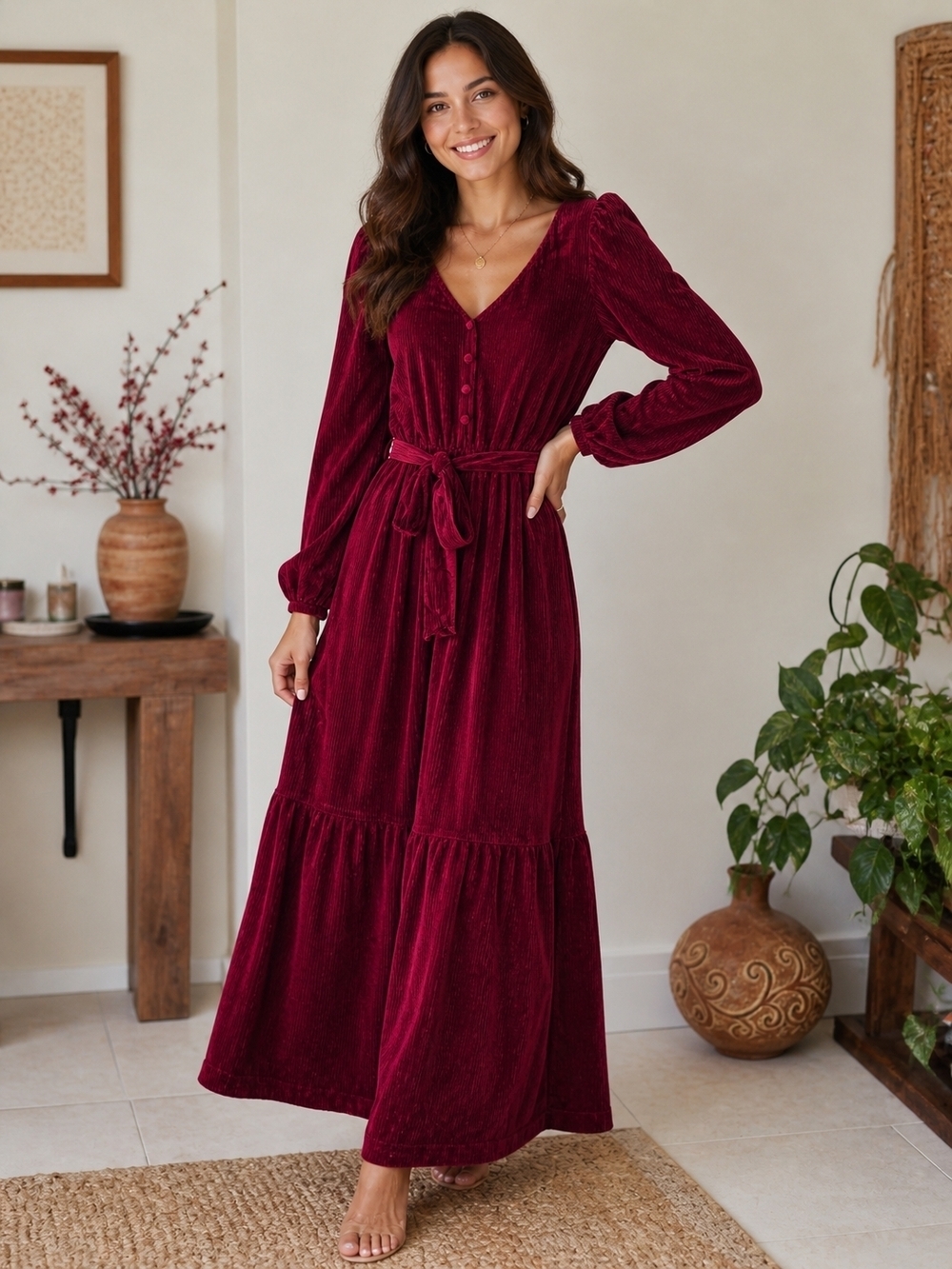 HALARA Burgundy Velvet Long Sleeve Maxi Dress with Tie Waist